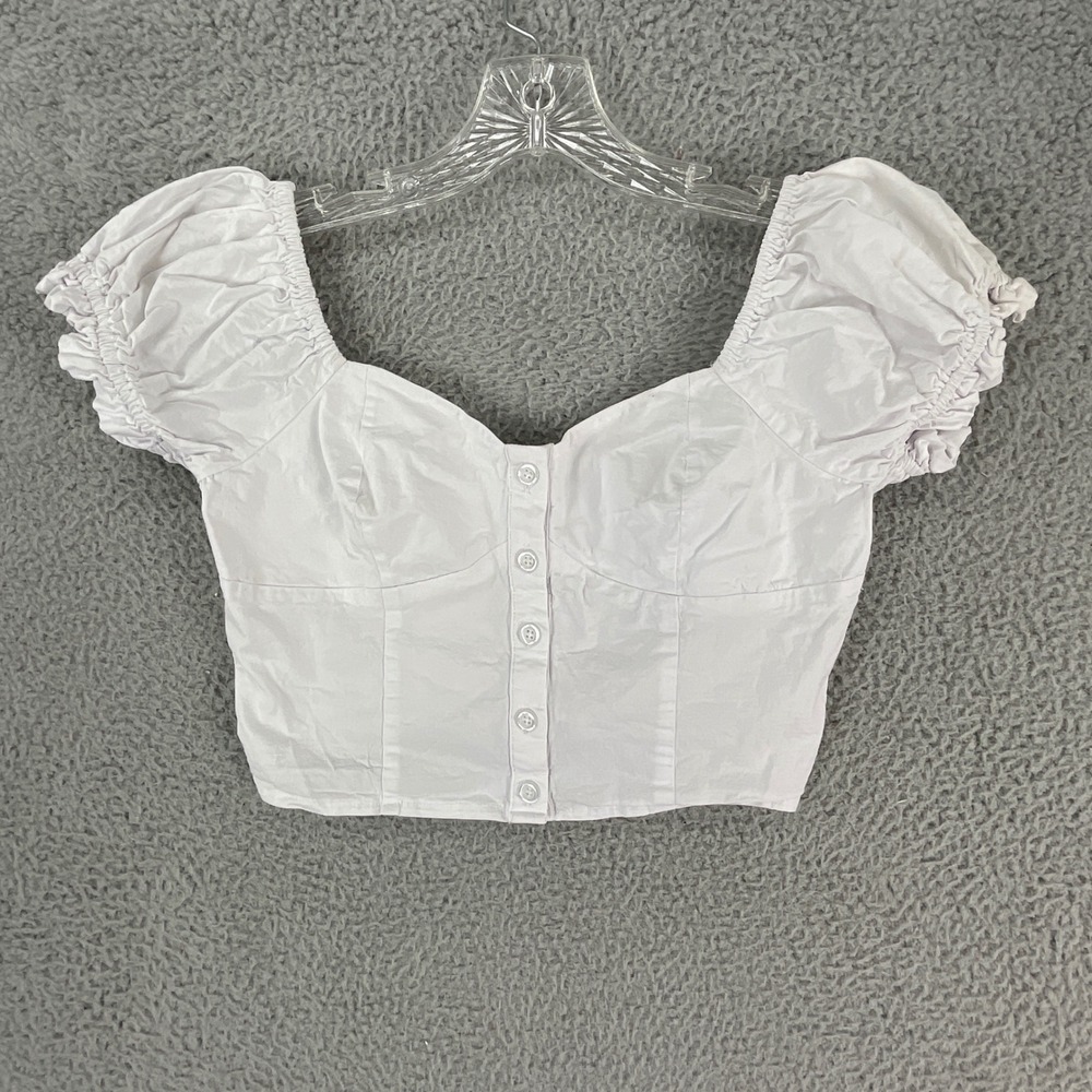 Forever 21 Puff Sleeve Crop Top Womens L White Excellent Button Front‎ Milkmaid